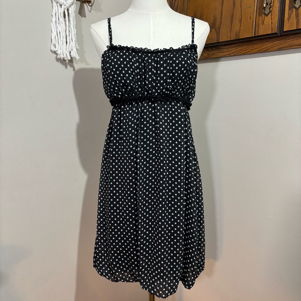 Maurice’s 90s Vintage Polka Dot Mini Dress Size 7/8 Black Spaghetti Straps
